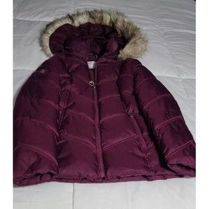 Nautica Women’s Burgundy Satin Puffer Jacket Coat Faux Fur Trim Sz Small.